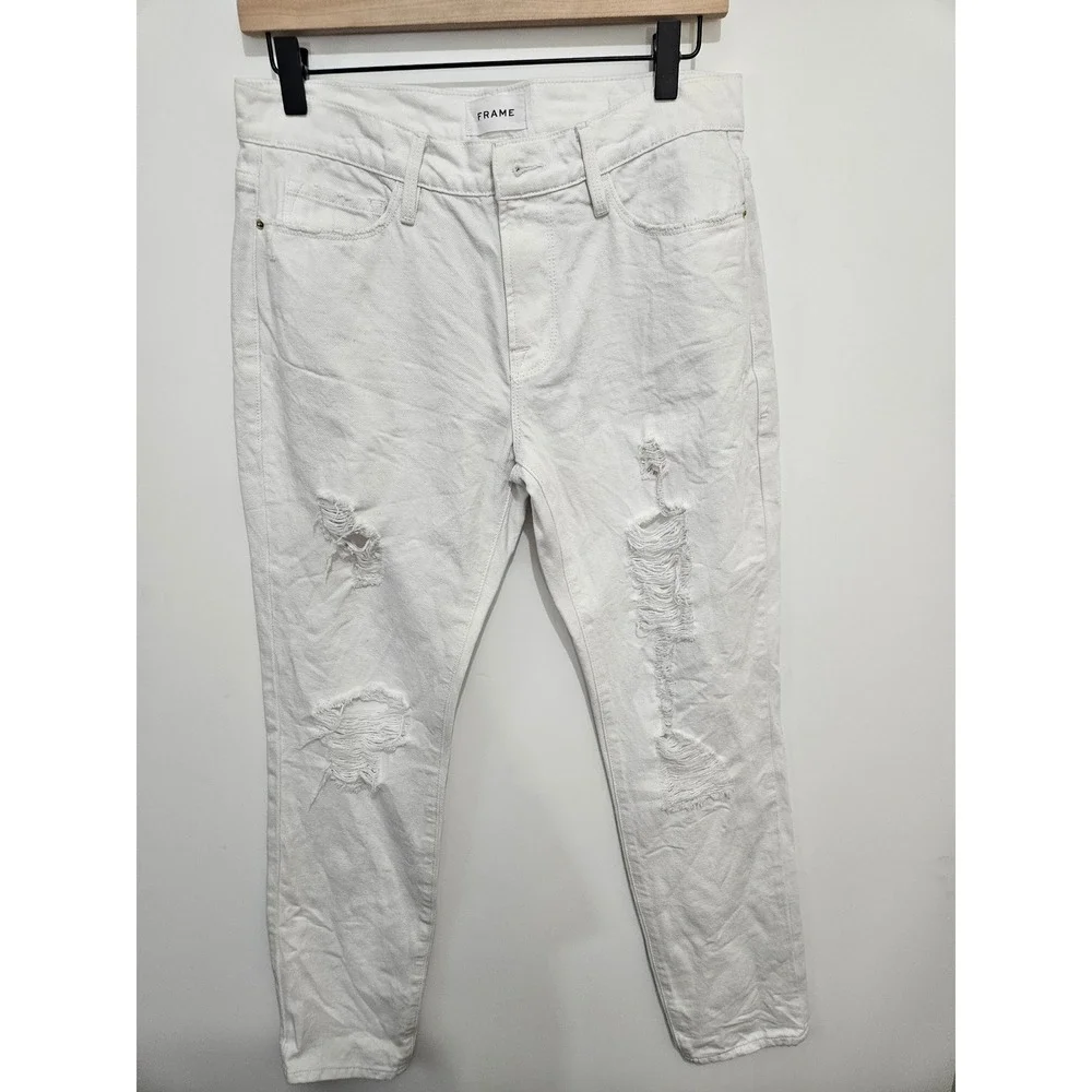 FRAME Le Garcon Rumpled Blanc Rips Distressed White‎ Boyfriend Jeans LGJ171